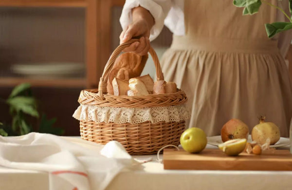 Storage Basket for Shelves, Picnic Storage Basket with Handle, Hand-woven Wicker Storage Basket, Natural Fruit Basket, Willow Weaving Baskets for Kitchen-Paintingforhome