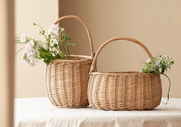 Wicker Storage Basket for Kitchen, Hand-woven Picnic Food Basket with Handle, Willow Weaving Baskets for Vegetable, Natural Fruit Basket, Storage Basket for Shelves-Paintingforhome