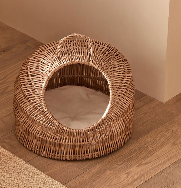 Indoor Cat Bed, Natural Wicker Cat House Basket with Washable Cushion for Indoor Cats and Dogs-Paintingforhome