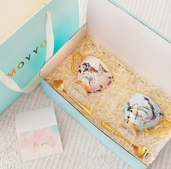 Unique Bird Flower Tea Cup and Saucer in Gift Box as Birthday Gift, Elegant Ceramic Coffee Cups, Afternoon British Tea Cups, Royal Porcelain Tea Cup Set-Paintingforhome