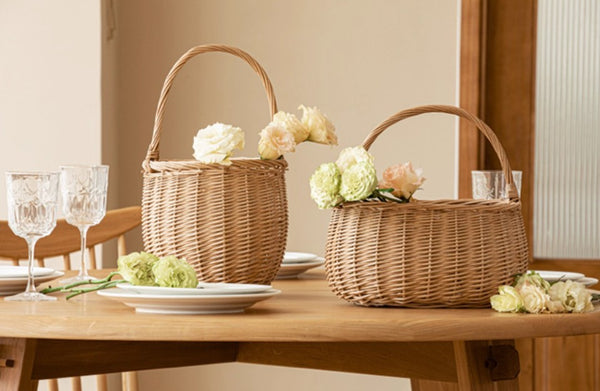 Wicker Storage Basket for Kitchen, Hand-woven Picnic Food Basket with Handle, Willow Weaving Baskets for Vegetable, Natural Fruit Basket, Storage Basket for Shelves-Paintingforhome