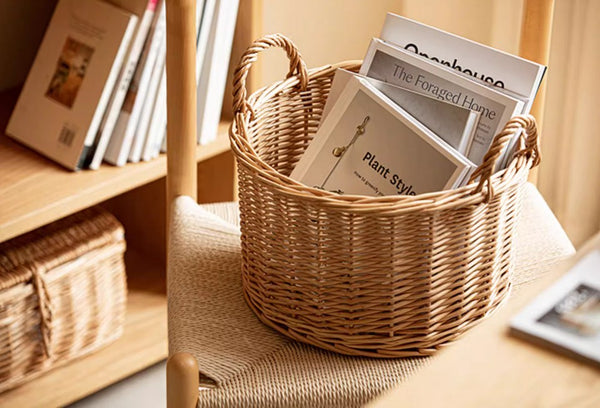 Small Picnic Fruit Basket with Handle, Kitchen Storage Baskets, Natural Hand-woven Wicker Round Storage Basket, Small Willow Weaving Baskets for Vegetable, Natural Fruit Storage Basket-Paintingforhome