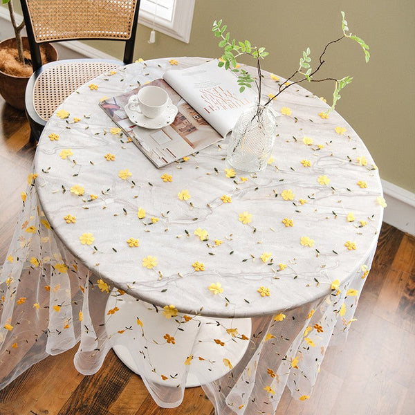 Yellow Flower Lace Tablecloths, Extra Large Rectangular Tablecloth for Oval Table, Lace Embroidered Table Covers, Rectangular Table Covers for Coffee Table-Paintingforhome