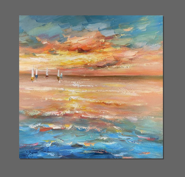 Contemporary Modern Artwork, Abstract Landscape Wall Art for Bedroom, Sail Boat at Sea, Large Modern Canvas Painting, Hand Painted Wall Art Painting-Paintingforhome