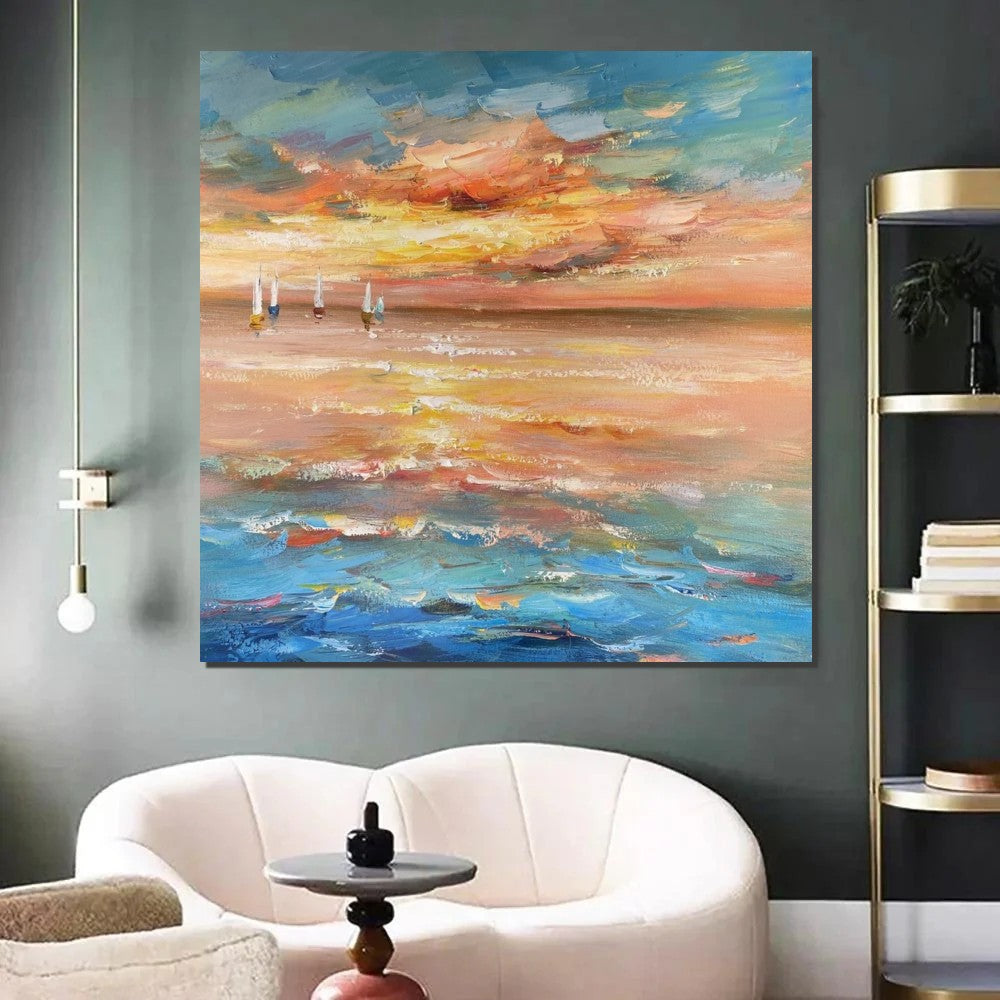 Contemporary Modern Artwork, Abstract Landscape Wall Art for Bedroom, Sail Boat at Sea, Large Modern Canvas Painting, Hand Painted Wall Art Painting-Paintingforhome