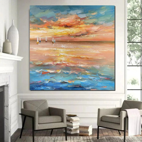 Contemporary Modern Artwork, Abstract Landscape Wall Art for Bedroom, Sail Boat at Sea, Large Modern Canvas Painting, Hand Painted Wall Art Painting-Paintingforhome