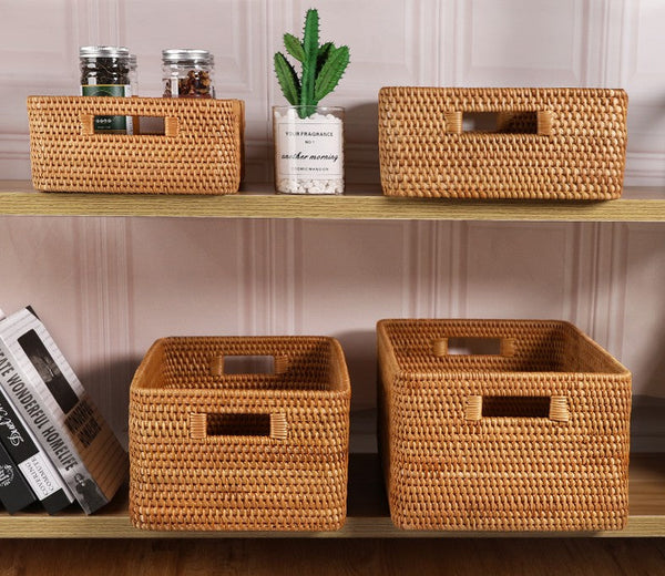 Storage Basket for Shelves, Large Rectangular Storage Baskets, Storage Baskets for Kitchen, Woven Rattan Storage Baskets for Bedroom-Paintingforhome