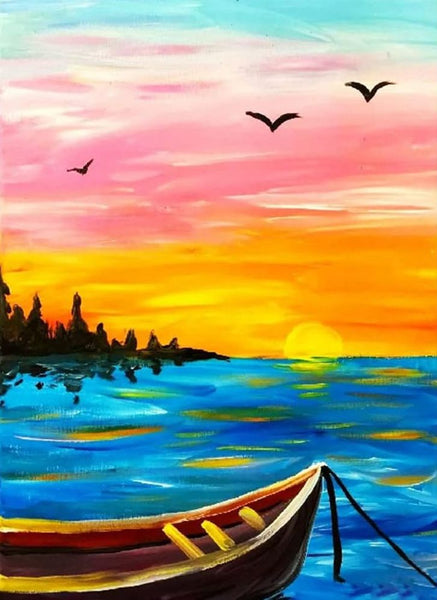 Small Boat Sunset Painting, Simple Landscape Artwork, Easy Hand Paitned Canvas Art on Canvas, Simple Painting Ideas on Canvas, Easy Acrylic Painting Ideas