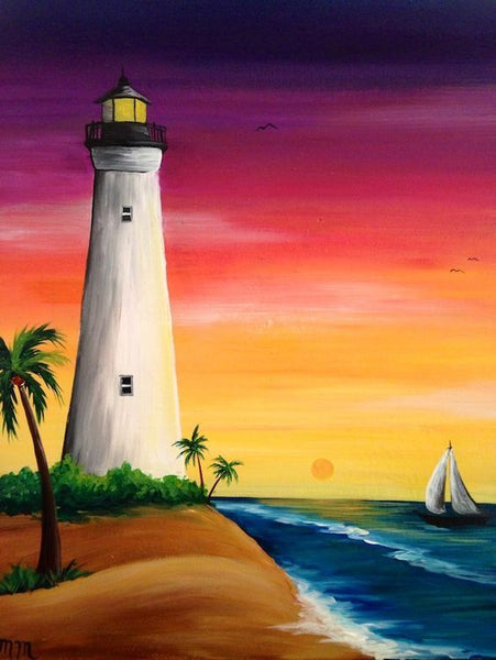 Small Acrylic Painting on Canvas, Small Seashore Lighthouse Sail Boat Painting, Simple Landscape Artwork, Easy Painting Ideas on Canvas, Simple Acrylic Paintings