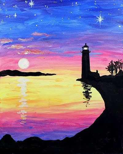Small Seashore Lighthouse Landscape Painting, Small Canvas Artwork, Simple Landscape Art on Canvas, Simple Acrylic Paintings, Easy Painting Ideas on Canvas-Paintingforhome