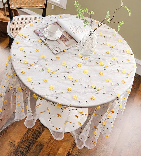 Yellow Flower Lace Tablecloths, Extra Large Rectangular Tablecloth for Oval Table, Lace Embroidered Table Covers, Rectangular Table Covers for Coffee Table-Paintingforhome