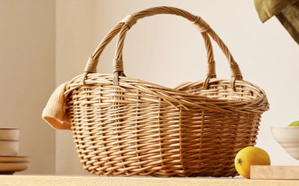 Large Kitchen Storage Baskets, Picnic Storage Basket with Handle, Hand-woven Wicker Storage Basket, Willow Weaving Baskets for Vegetable, Natural Fruit Basket-Paintingforhome