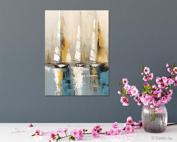 Large Painting Ideas for Living Room, Large Original Canvas Art for Bedroom, Sail Boat Canvas Painting, Modern Abstract Wall Art Paintings-Paintingforhome