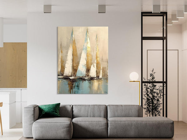 Sail Boat Abstract Painting, Landscape Canvas Paintings for Dining Room, Acrylic Painting on Canvas, Original Landscape Abstract Painting-Paintingforhome