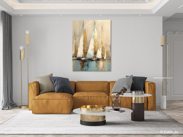Sail Boat Abstract Painting, Landscape Canvas Paintings for Dining Room, Acrylic Painting on Canvas, Original Landscape Abstract Painting-Paintingforhome