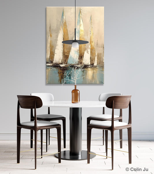 Sail Boat Abstract Painting, Landscape Canvas Paintings for Dining Room, Acrylic Painting on Canvas, Original Landscape Abstract Painting-Paintingforhome