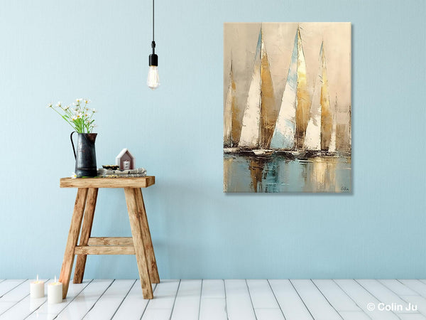Sail Boat Abstract Painting, Landscape Canvas Paintings for Dining Room, Acrylic Painting on Canvas, Original Landscape Abstract Painting-Paintingforhome