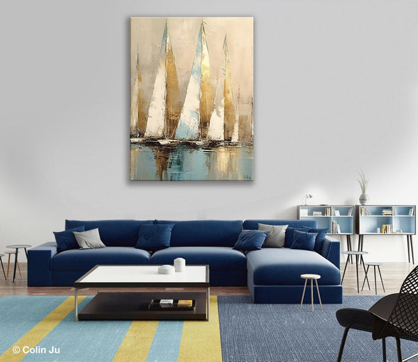 Sail Boat Abstract Painting, Landscape Canvas Paintings for Dining Room, Acrylic Painting on Canvas, Original Landscape Abstract Painting-Paintingforhome