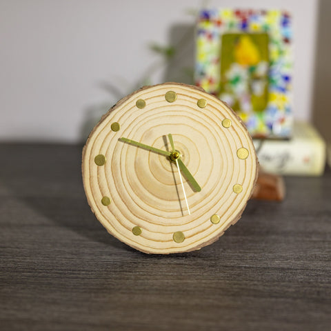 Handcrafted Pine Wood Table Clock with Gold Metal Hour Markers - Eco-Friendly Home Decor - Handmade Pine Wood Dial, Silent Quartz Movement-Paintingforhome