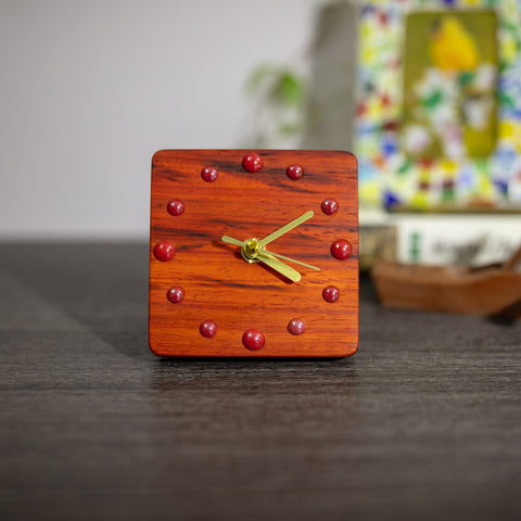 African Padauk Wood Desk Clock - Artisan Crafted Timepiece with Red Ceramic Beads - Unique Home Decor - Thoughtful Gift Option - Silent-Paintingforhome