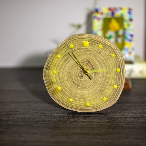 Unique Handcrafted Wooden Clock: Artisan Design with Locust Wood Rings, Yellow Ceramic Beads, and Magnetic Backing - Perfect Gift Home Decor-Paintingforhome
