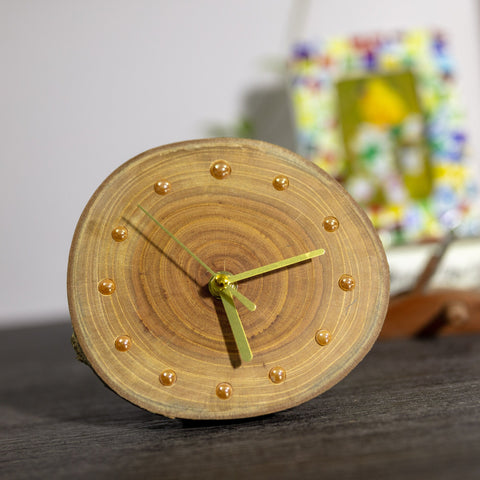 Unique Handcrafted Zelkova Serrata Desktop Clock: Artisan Design, Gold Ceramic Beads, Magnetic Pine Wood Backing, Eco-Friendly-Paintingforhome