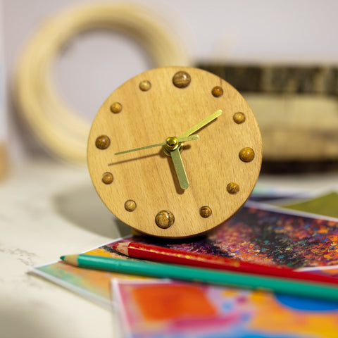 Handmade Beechwood Table Clock with Stone Beads - Elegant Artisan Desktop Clock with Magnetic Backing - Unique Handcrafted - Perfect Gift-Paintingforhome