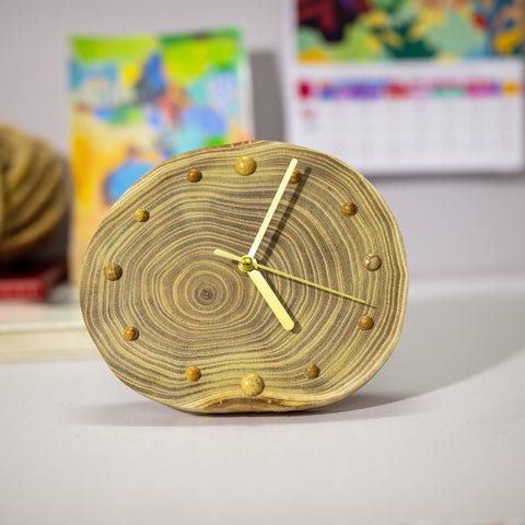 Unique Handcrafted Desktop Clock: Artisan-designed, Locust Wood Dial, Jupiter Stone Beads, Eco-Friendly, Silent Operation, Gift Ready-Paintingforhome