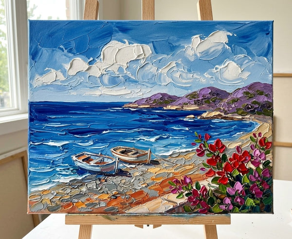 Moored Boats in the Sunny Bay, Small Canvas Artwork for Sale, Original Seascape Paintings, Original Oil Paintings, Heavy Texture Paintings