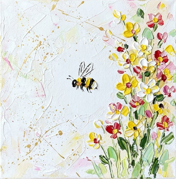 Original Acrylic Paintings, Miniature Canvas Painting, Blooming Flowers and Busy Bee, Impasto Artwork, Small Art for Sale, Cute Small Canvas Wall Art, Hand Painted Canvas Art
