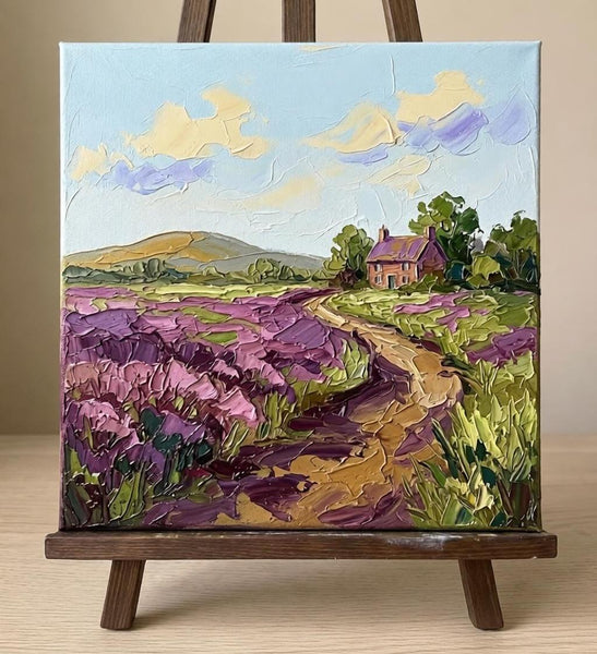 Original Landscape Paintings, Winding Path Through Purple Fields, Miniature Original Artwork, Hand Painted Canvas Art, Small Canvas Wall Art Paintings, Heavy Texture Artwork