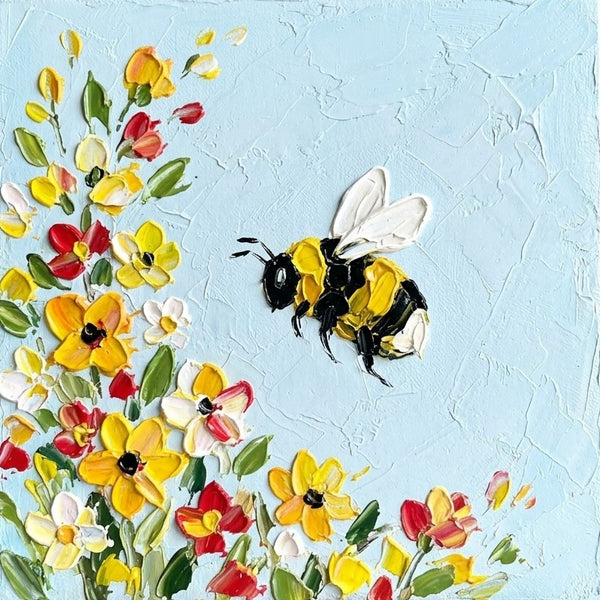 Impasto Artwork, Original Acrylic Paintings, Miniature Canvas Painting, Blooming Flowers and Busy Bee, Small Art for Sale, Cute Small Canvas Wall Art, Hand Painted Canvas Art