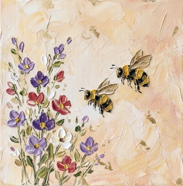 Blooms and Busy Bees, Miniature Canvas Painting, Hand Painted Canvas Art, Impasto Artwork, Original Acrylic Paintings, Buy Small Art Online, Small Canvas Wall Art
