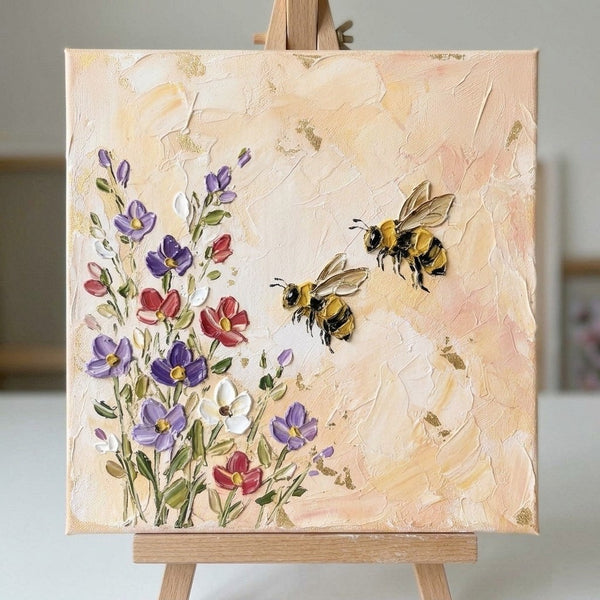 Blooms and Busy Bees, Miniature Canvas Painting, Hand Painted Canvas Art, Impasto Artwork, Original Acrylic Paintings, Buy Small Art Online, Small Canvas Wall Art