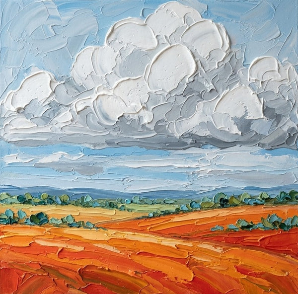 Thick Impasto Clouds Over the Rust Fields, Original Landscape Paintings, Hand Painted Canvas Art, Miniature Canvas Art, Original Oil Paintings, Buy Small Artwork Online