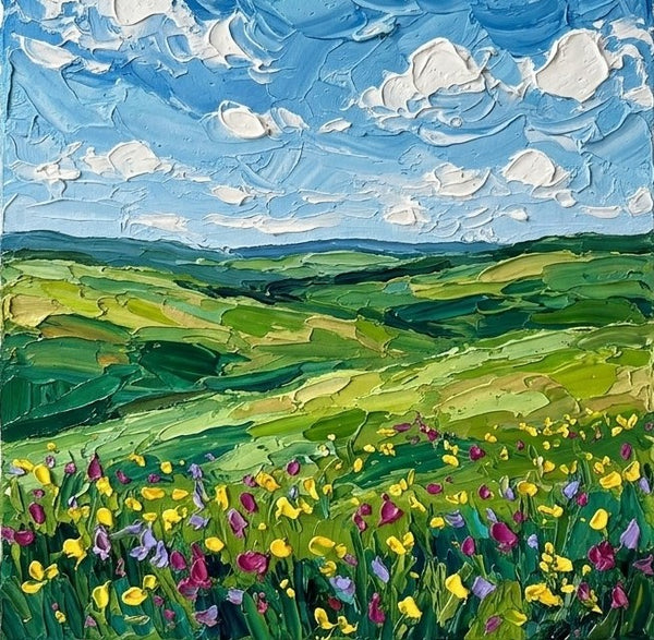 Original Landscape Paintings, Sunlit Wildflower Fields, Small Artwork for Sale, Hand Painted Canvas Art, Impasto Paintings