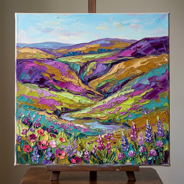 Original Oil Painting for Sale, Wild Blooms in teh Purple Valley, Hand Painted Canvas Art, Heavy Texture Paintings, Original Seascape Paintings, Miniature Canvas Art