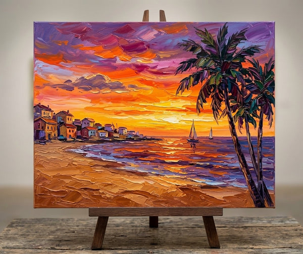 Tropical Sunset Sails on the Coast, Buy Small Paintings Online, Hand Painted Canvas Art, Original Seashore Paintings, Small Canvas Artwork for Sale