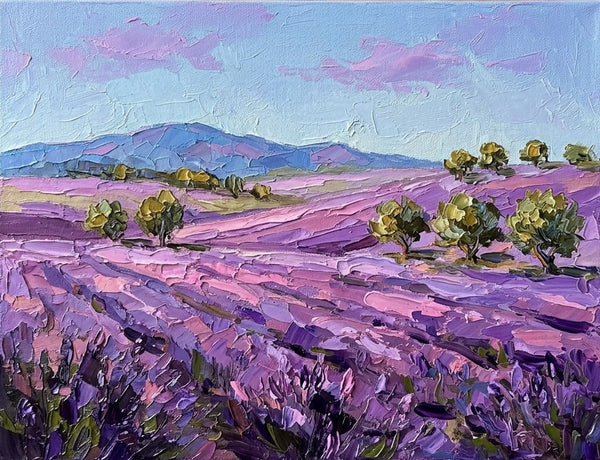 Summer Lavender Hills Under Soft Sky, Impasto Paintings, Heavy Texture Art, Original Landscape Paintings, Small Canvas Wall Art Paintings