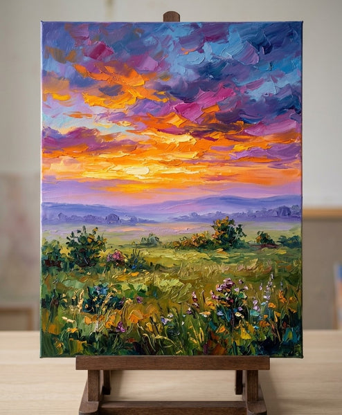 Burning Sunset Over the Wideness, Original Oil Paintings for Sale, Original Landscape Paintings, Buy Small Paintings Online, Hand Painted Canvas Art, Small Canvas Artwork