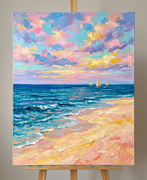 Impasto Dreamy Coastal Dusk, Sail Boat Seashore Painting, Small Canvas Artwork for Sale, Original Seascape Paintings, Original Oil Paintings, Heavy Texture Paintings