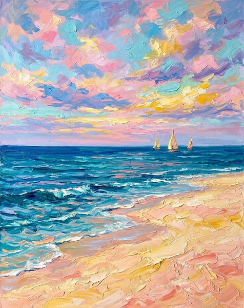 Impasto Dreamy Coastal Dusk, Sail Boat Seashore Painting, Small Canvas Artwork for Sale, Original Seascape Paintings, Original Oil Paintings, Heavy Texture Paintings
