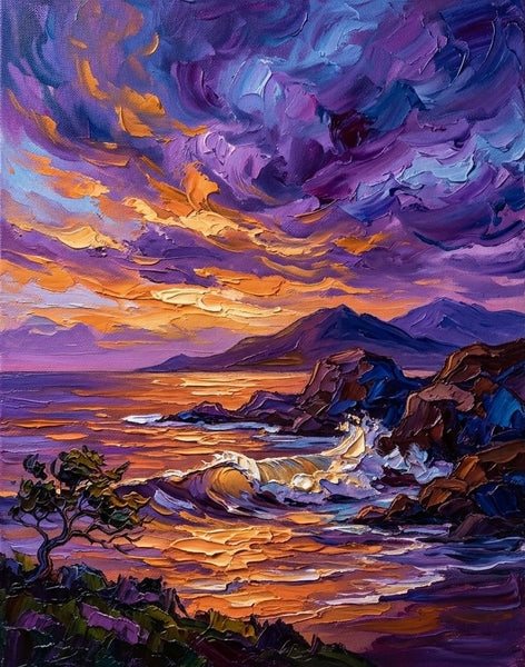 Small Canvas Artwork for Sale, Big Wave Painting, Purple Clouds Over the Sea, Buy Small Paintings Online, Hand Painted Canvas Art, Original Seashore Paintings