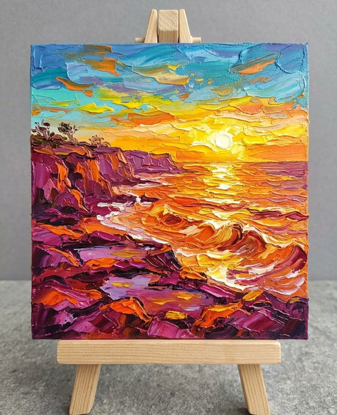 Waves Soaking the Golden Sun, Original Painting for Sale, Hand Painted Canvas Art, Heavy Texture Paintings, Original Seascape Paintings, Impasto Artwork
