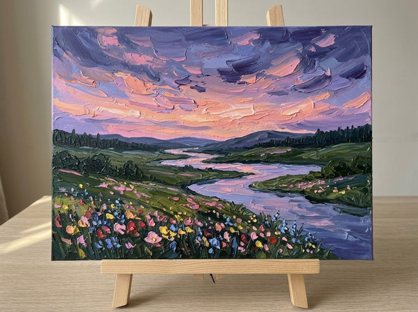 Original Small Paintings for Sale, Flower Fields by the Dusk River, Original Landscape Paintings, Buy Small Artwork Online, Hand Painted Canvas Art, Impasto Paintings