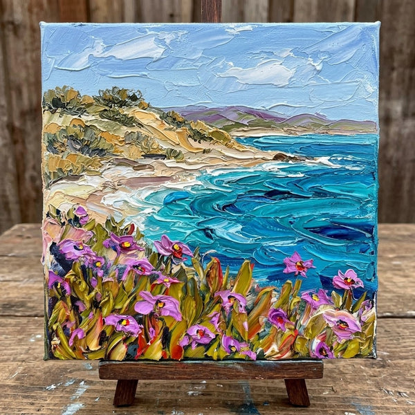 Sandy Shore Under Blue Sky, Hand Painted Canvas Art, Heavy Texture Paintings, Original Seascape Paintings, Miniature Canvas Art, Original Oil Painting for Sale