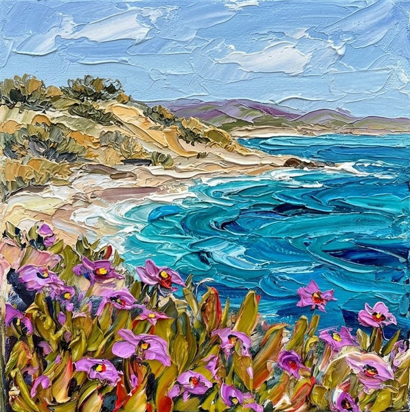 Sandy Shore Under Blue Sky, Hand Painted Canvas Art, Heavy Texture Paintings, Original Seascape Paintings, Miniature Canvas Art, Original Oil Painting for Sale