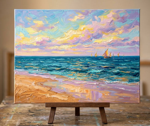 Heavy Texture Paintings, Sails in the Sunset Glow on the Sea, Original Landscape Paintings, Hand Painted Canvas Art, Small Canvas Artwork, Original Oil Paintings for Sale