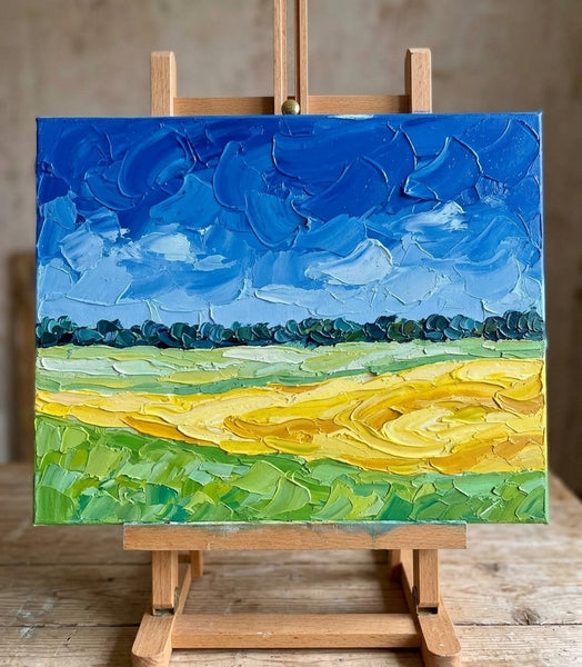 Original Landscape Paintings, Wheat Field under Deep Blue Sky, Small Canvas Wall Art Paintings, Buy Original Artwork Online, Hand Painted Canvas Art, Impasto Heavy Texture Art