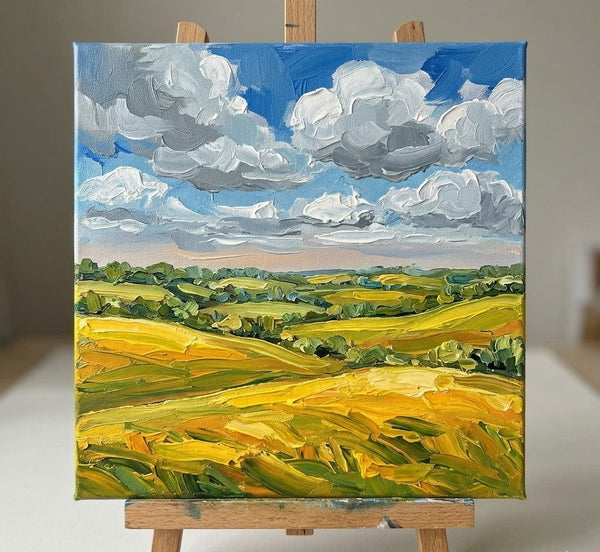 Small Canvas Wall Art Paintings, Clouds Over Golden Fields, Original Landscape Paintings, Hand Painted Canvas Art, Impasto Heavy Texture Art, Original Artwork